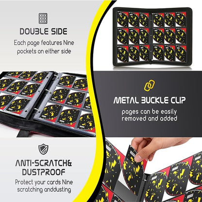 Trading Card Binder 9 Pocket,900 Pocket Card Collection Binder with 50 Removable Sleeves,PU Waterproof Top Card Book,3-Ring Zipper Collectible Trading Card Album for MTG/TCG/Card Holder Gift（Black）