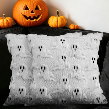 Brylla Halloween Pillow Covers 18 x18 Inch Set of 2 - White Floating Ghost Soft Plush Faux Fur Retro Throw Pillow Cases for Couch Sofa Living Room, Chair Halloween Indoor Decor