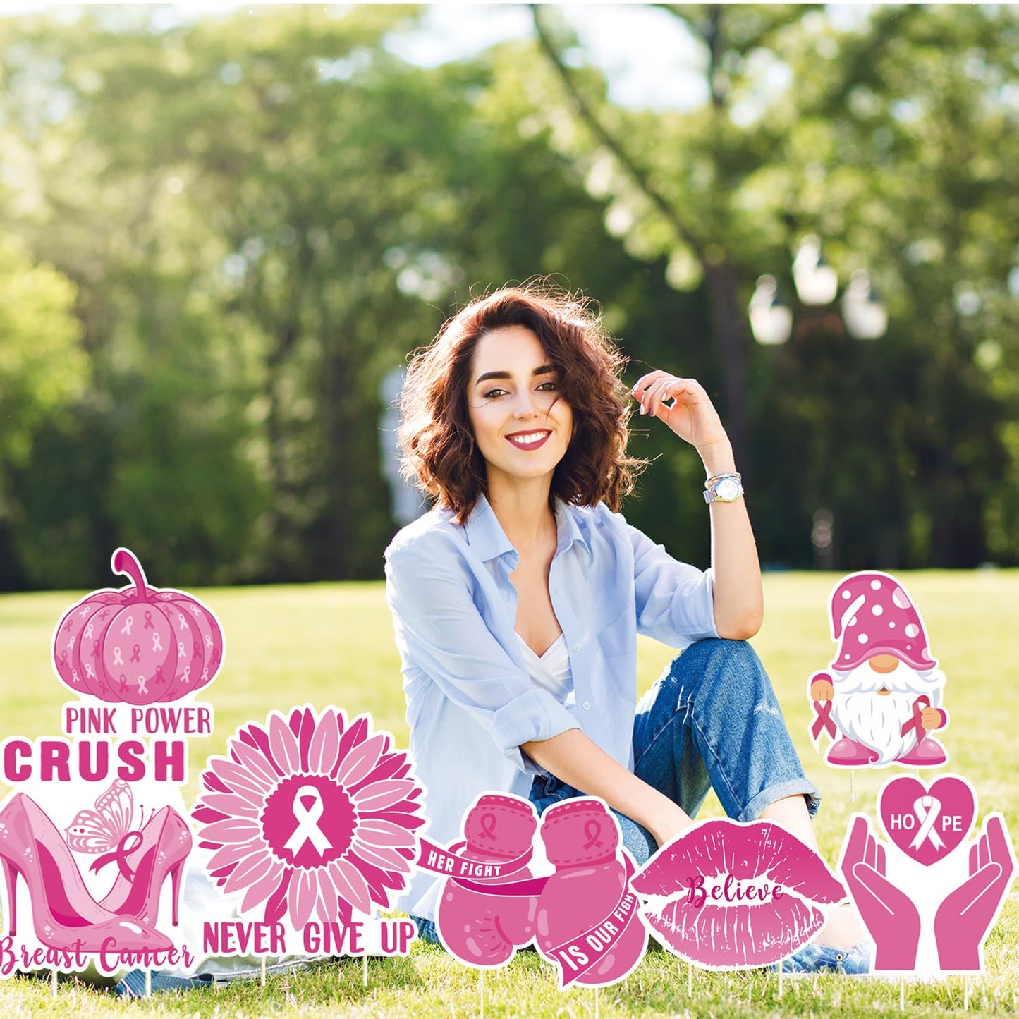 Breast Cancer Awareness Yard Signs with Stakes for Lawn Including Pink Ribbon, Pumpkin, gnome, Gloves Sign for Outdoor Yard Decor Breast Cancer Awareness Party 8pcs