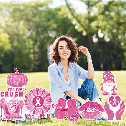 Breast Cancer Awareness Yard Signs with Stakes for Lawn Including Pink Ribbon, Pumpkin, gnome, Gloves Sign for Outdoor Yard Decor Breast Cancer Awareness Party 8pcs