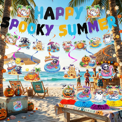 Papiailove Summer Halloween Party Decorations - 13Pcs Ghost and Pumpkin Theme Banners with Hanging Swirls, Honeycomb Centerpieces for Birthday Baby Shower Pool Party, Spooky Summer Party Decor