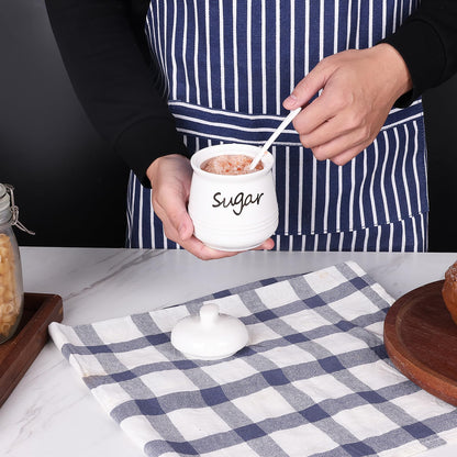 HAOTOP Ceramic Sugar Bowl with Lid and Spoon, 12oz Sugar Jar Sugar Dispenser Sugar Container Coffee Bar Accessories, Kitchen Countertop Canisters, White