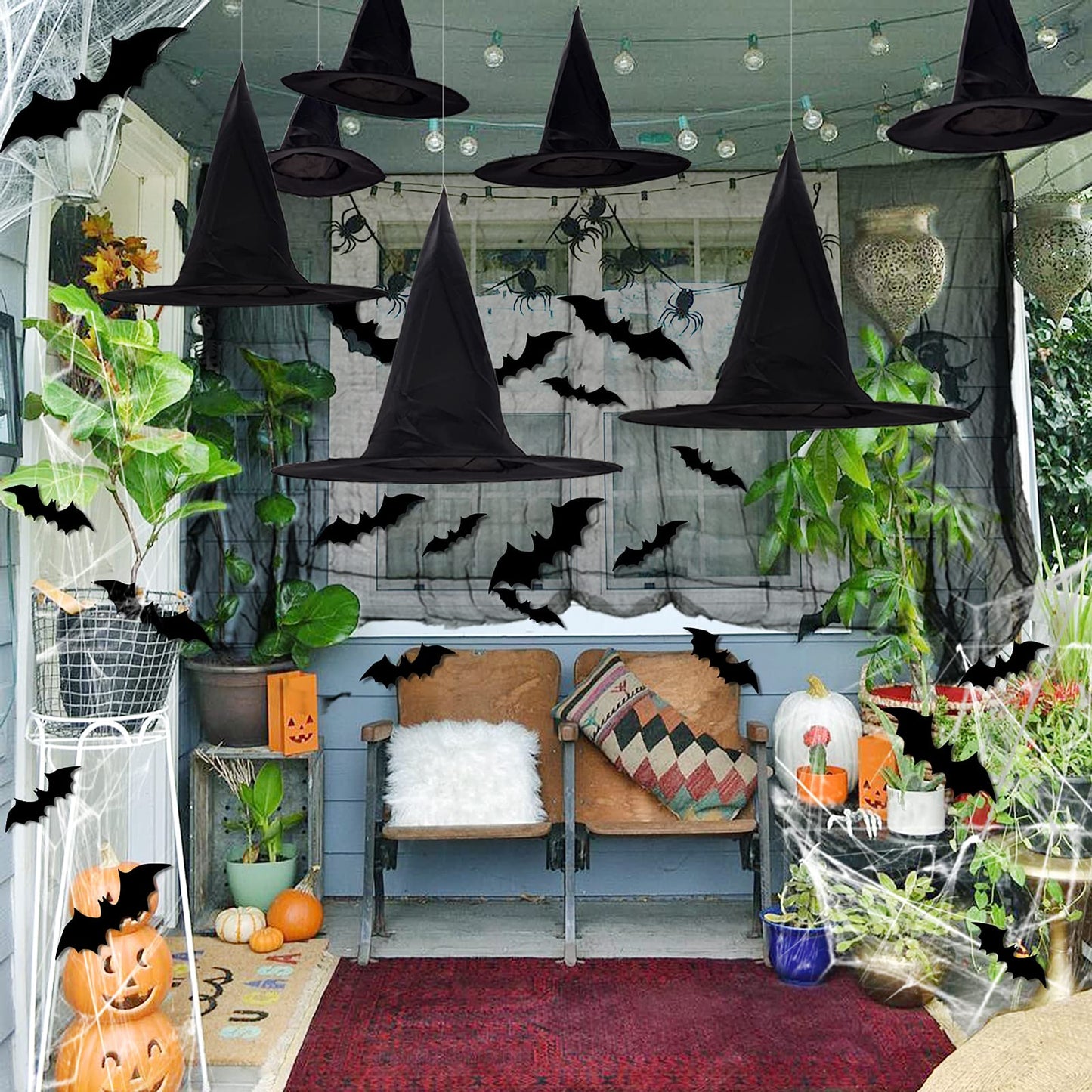 LINAYE Witch Hat XXL Kit - Halloween Decorations Including 12 PCS Black Witch Hats, 16 PCS 3D Bats, Spider Web, Creepy Cloth, Hanging Rope - Costume Headwear