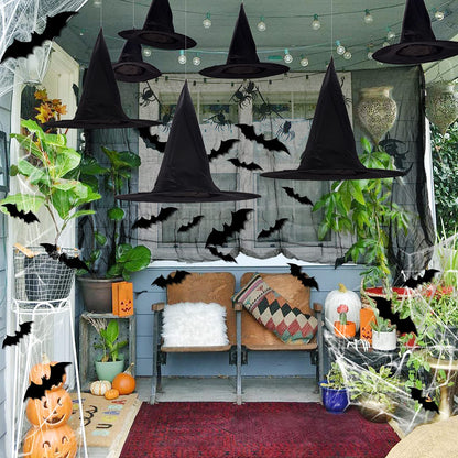 LINAYE Witch Hat XXL Kit - Halloween Decorations Including 12 PCS Black Witch Hats, 16 PCS 3D Bats, Spider Web, Creepy Cloth, Hanging Rope - Costume Headwear