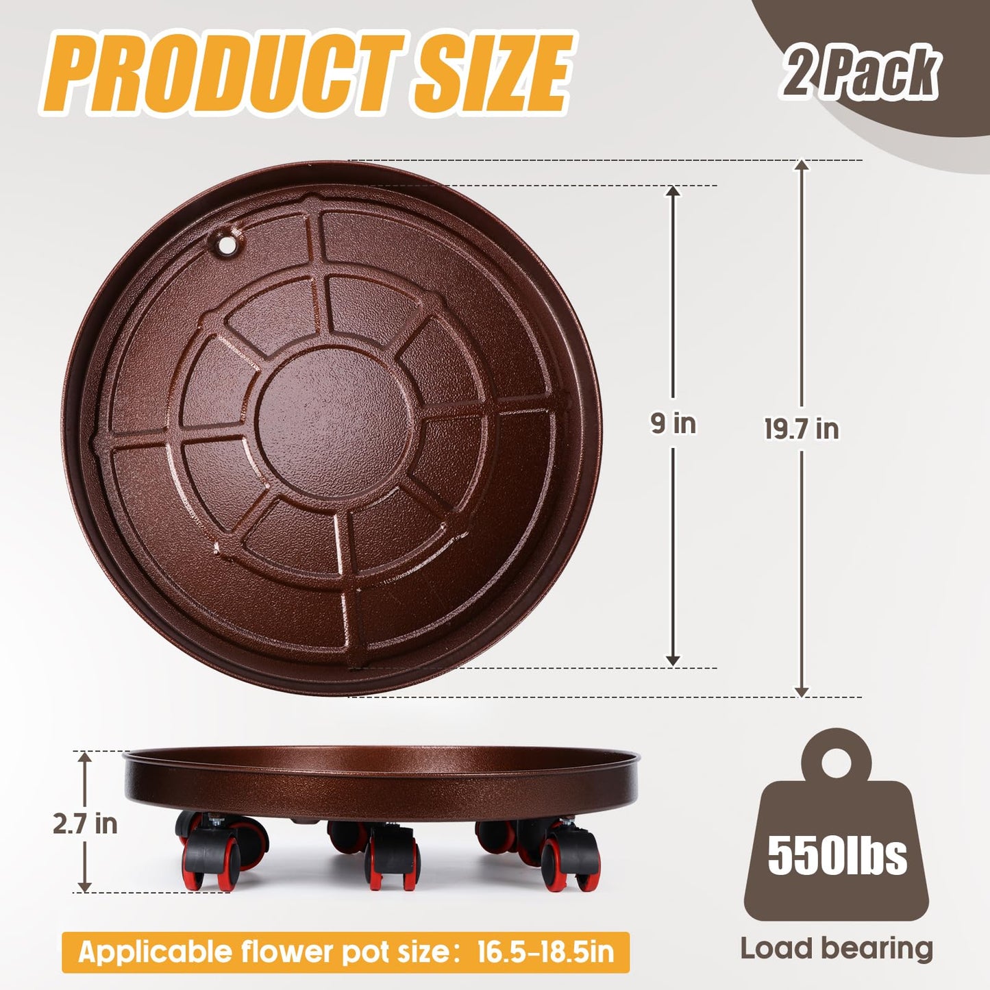 FoldTier 2 Pack 20 Inch Plant Stand with Lockable Wheels Heavy Duty Metal Caddy with Drain Hole Round Rolling Planter Large Flower Pot Dolly for Indoor Outdoor