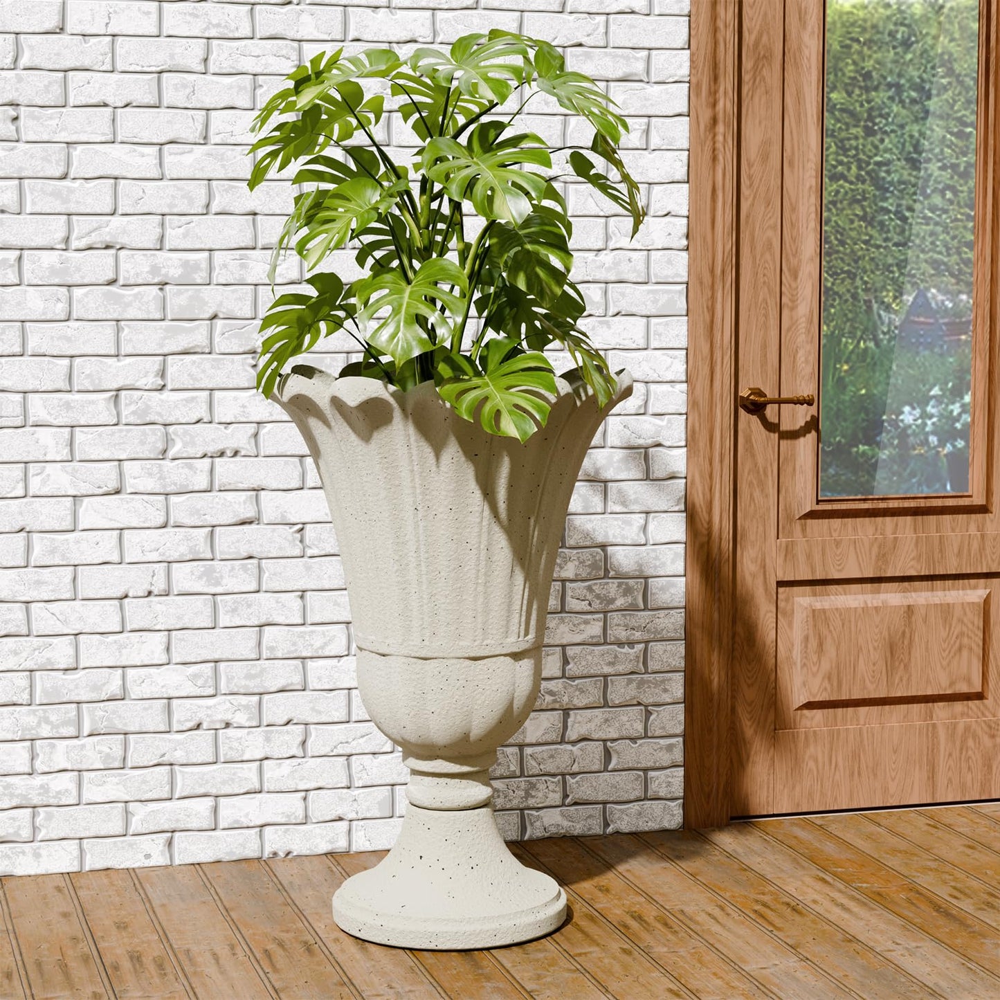 Trygoal 23.6" Tall Plastic Urn Planters for Outdoor Plants, Set of 2 Heavy-Duty Classic Indoor Large Flower Pots with Drainage Holes & Petal Design, Outdoor Planters for Porch, Home Garden, White