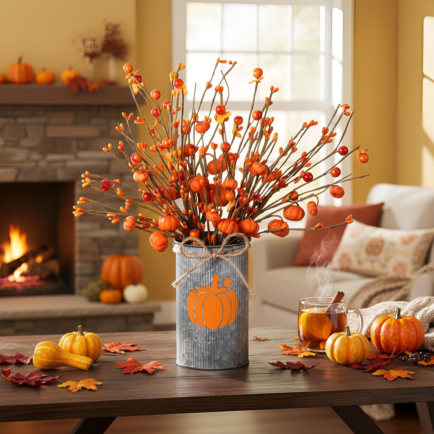 SiliFine Fall Thanksgiving Table Centerpiece Decoration Fall Artificial Flower Stems Pumpkin Shaped Berry Picks with Metal Vase Pot for Autumn Farmhouse Office Home Dining Table Decor