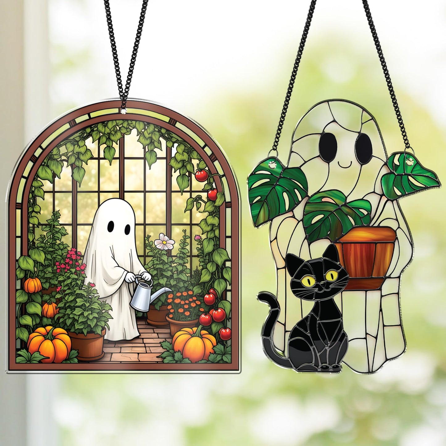 2 Cute Halloween Decoration Suncatchers, 6" Spooky Cute Ghost Plant Window Hangings, Ghost with Black Cat Greenhouse, Pumpkin Ornaments Home Garden, Gifts for Mom, Plant Lovers, Women, Girl SS358