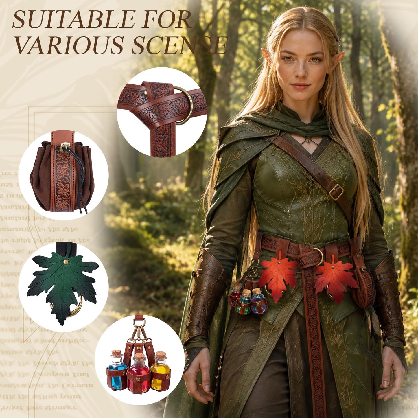 Luazuri Renaissance Belt Pouch Embossed Belt Magic Potion Bottle Skirt Hikes Medieval Halloween Cosplay Ren Faire Witch Props. (Brown B-5pcs)