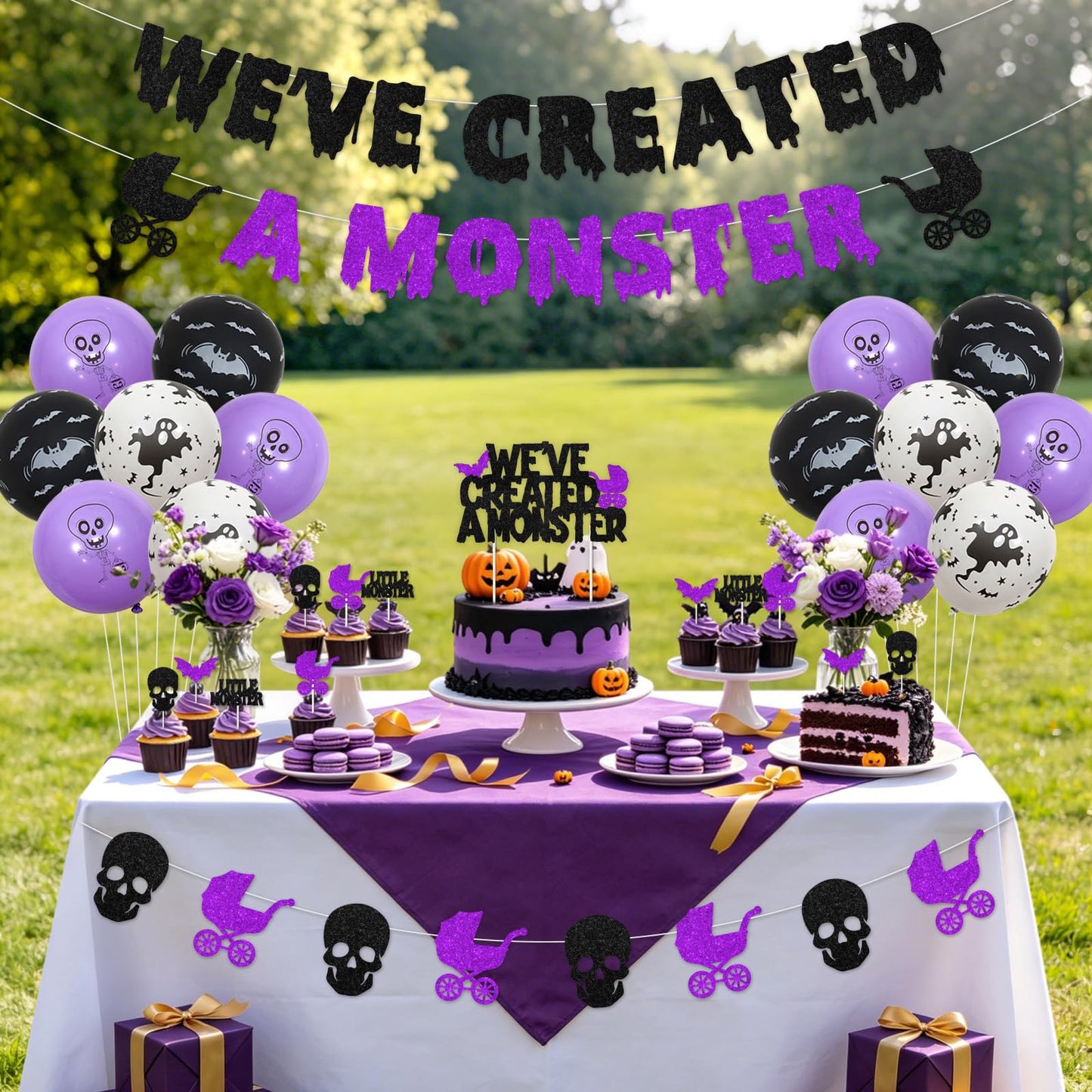 Fangleland Halloween Monster Baby Shower Decorations, Black Purle We've Created a Monster Banner Garland Cake Cupcake Toppers Balloons, Gothic Gender Reveal Pregnancy Announcement Party Supplies
