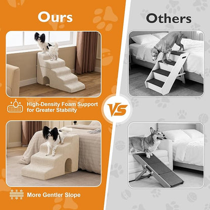 Dog Stairs for Bed 19.5’’ H, 4-Step Dog Steps for High Bed, Pet Stairs for Small Dogs and Cats to Get on Beds, Couch, Non-Slip Balanced Pet Steps and Ramp with Waterproof Cover and Tunnel, Beige