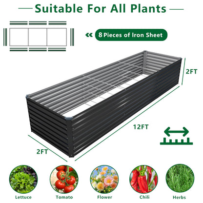 DIIYIV Galvanized Raised Garden Bed Kit Outdoor Patio,12x2x2ft Large Rectangular Metal Planter Boxes,Deep Root Box Planter for Gardening,Vegetables,Flowers,Herbs-Black