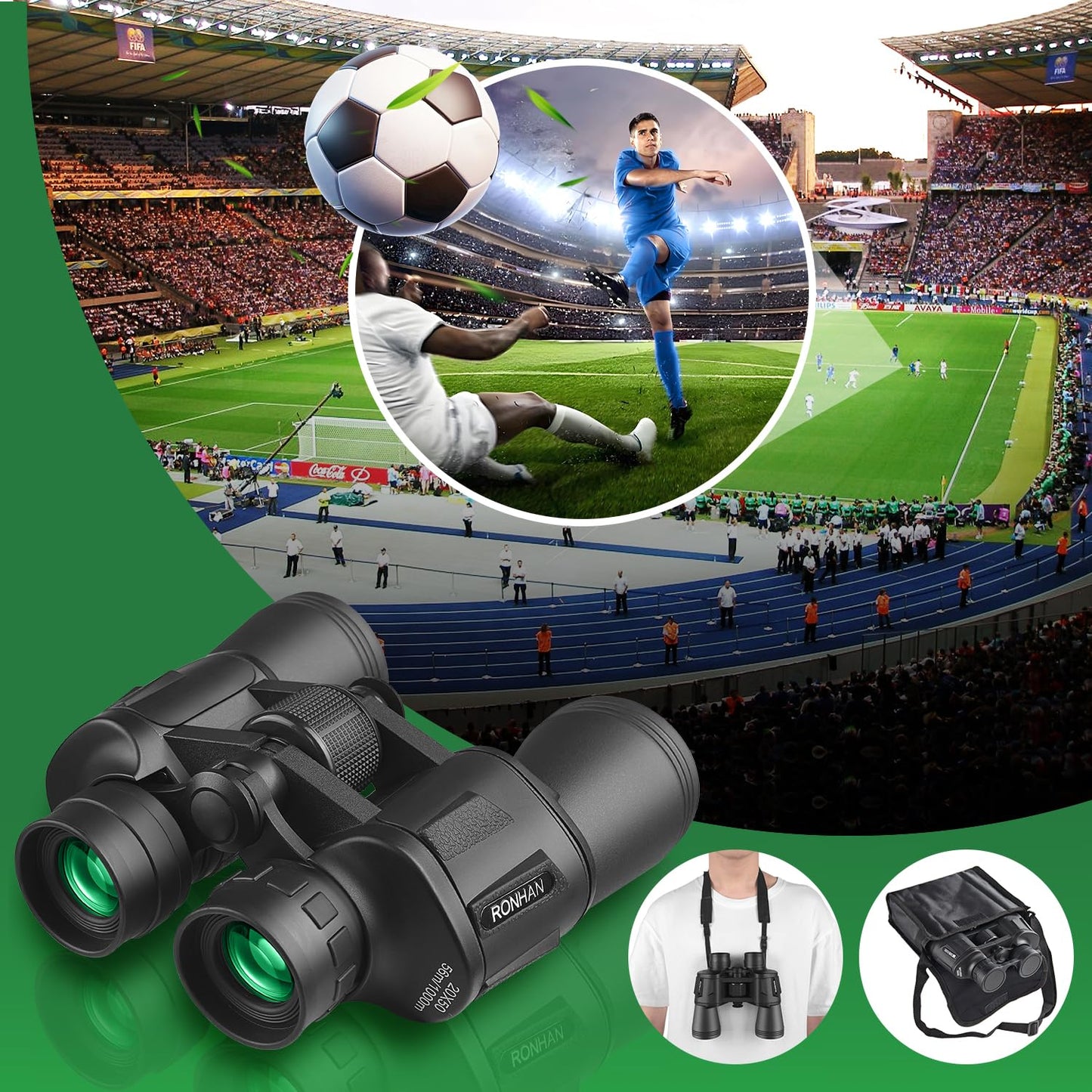 RONHAN Binoculars for Adults High Powered, Military Compact HD Professional/Daily Waterproof 20x50 Binoculars for Bird Watching Travel Hunting Football Games Stargazing with Carrying Case & Strap