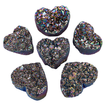 Rockcloud Natural Titanium Coated Crystal Quartz Cluster Druzy Geode Heart Shape Gemstone Figurine for Meditation Reiki Healing Home Decoration, Rainbow