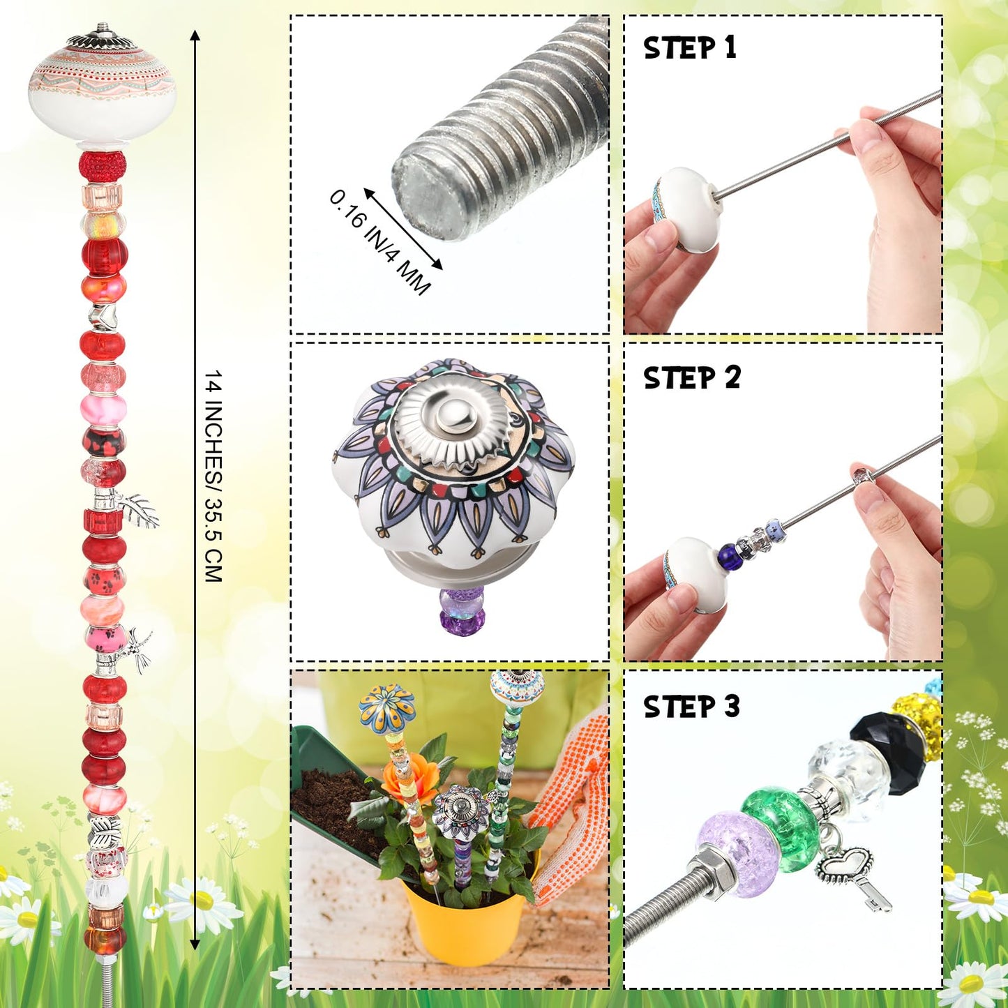 Silipull 255 Pcs 14 Inch Garden Stakes Decorative Ceramic Mushroom and Pumpkin Round Beaded Garden Stakes Decor Fairy Sticks for Indoor Outdoor Yard Lawn Pathway Patio Decoration
