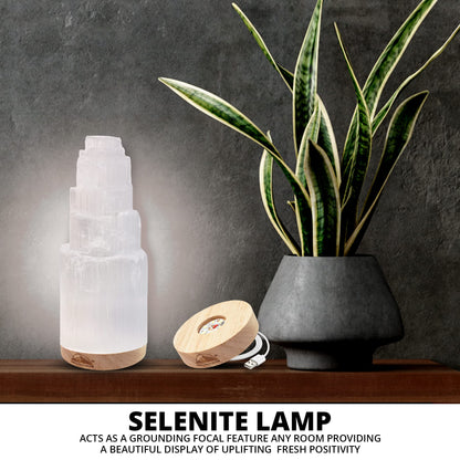 Himalayan Glow Selenite Crystal Lamp 20cm Large, Hand Curved Crystal Lamp with (ETL Certified) Wooden Base & USB Charging Cable for Home Décor - White