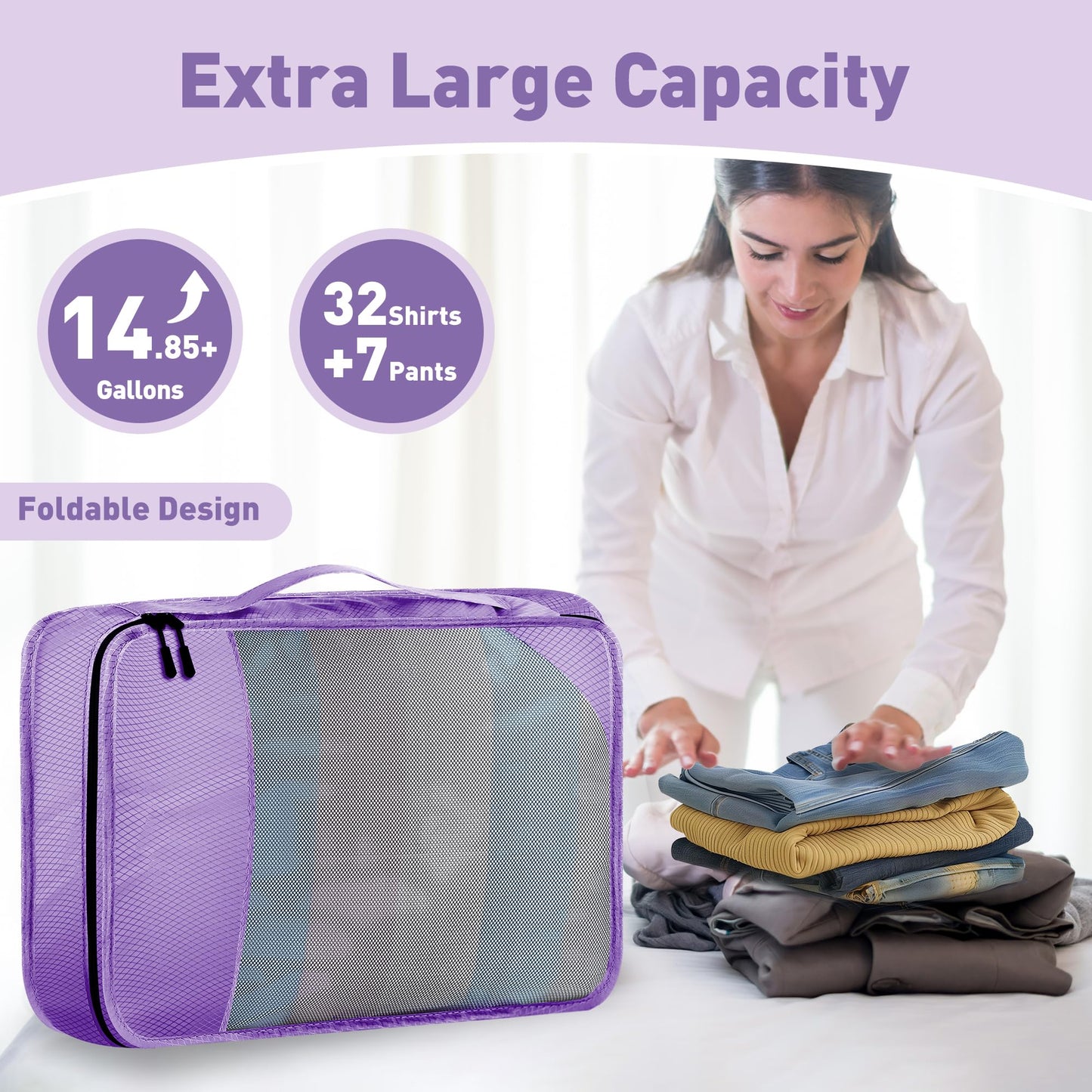 Toncoke 8 Set Packing Cubes for Travel Women Men Kids, Mesh Suitcase Organizer Bags Set for Luggage, 4 Sizes Extra Large, Large, Medium, Small, Travel Camping Essentials Accessories, Purple