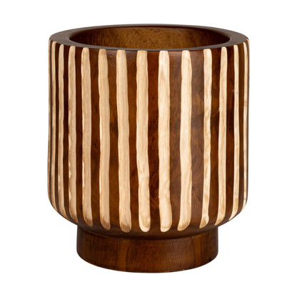 Creative Co-Op Hand-Carved Wood Planter with Stripes, Walnut Finish