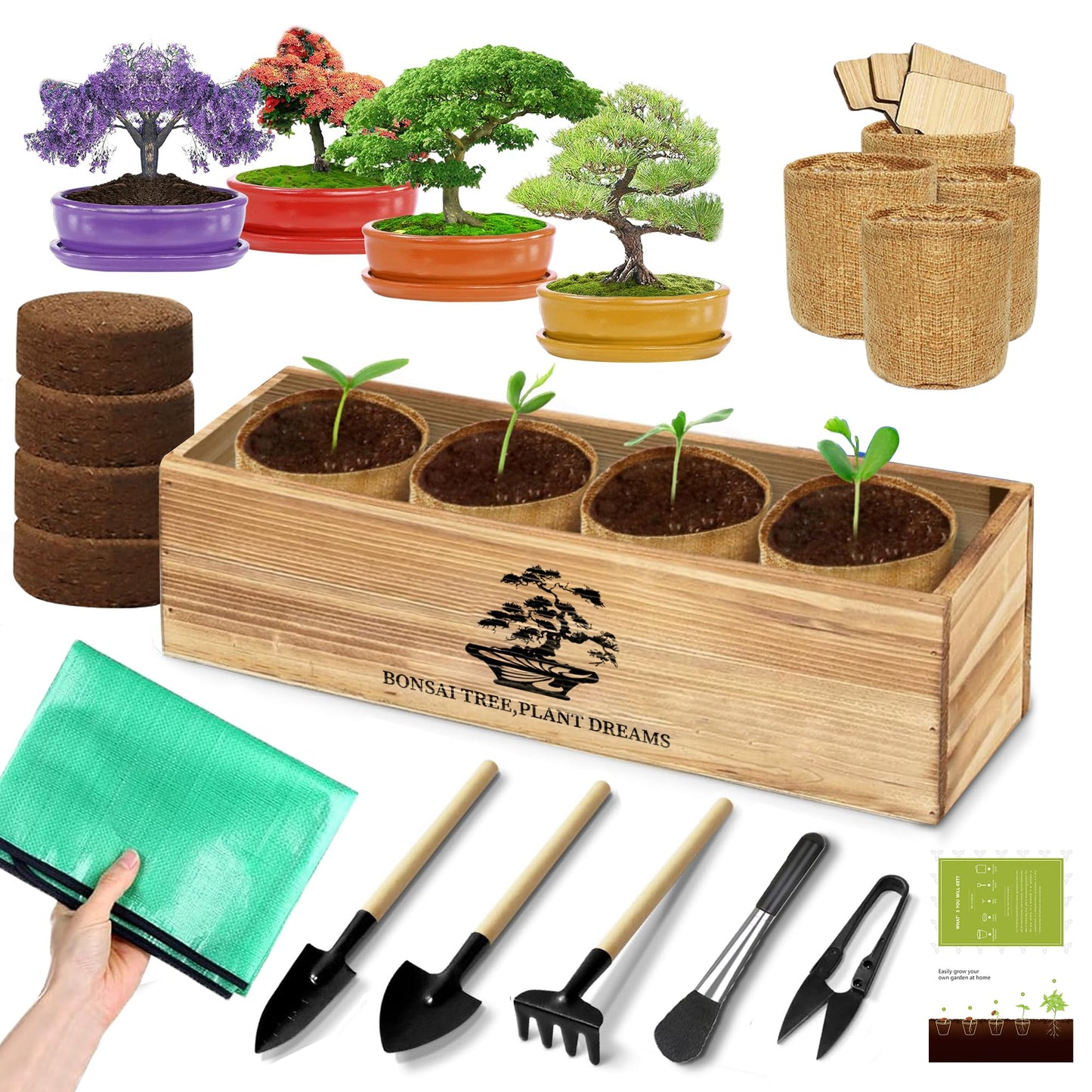 Premium Bonsai Kit,Complete Bonsai Starter Kit with Wooden Gift Box,repotting mat, Burlap Pots & Gardening Tools, DIY Bonsai Plant Set for Adults & Beginners (Seeds Excluded)Birthday Thanksgiving gift