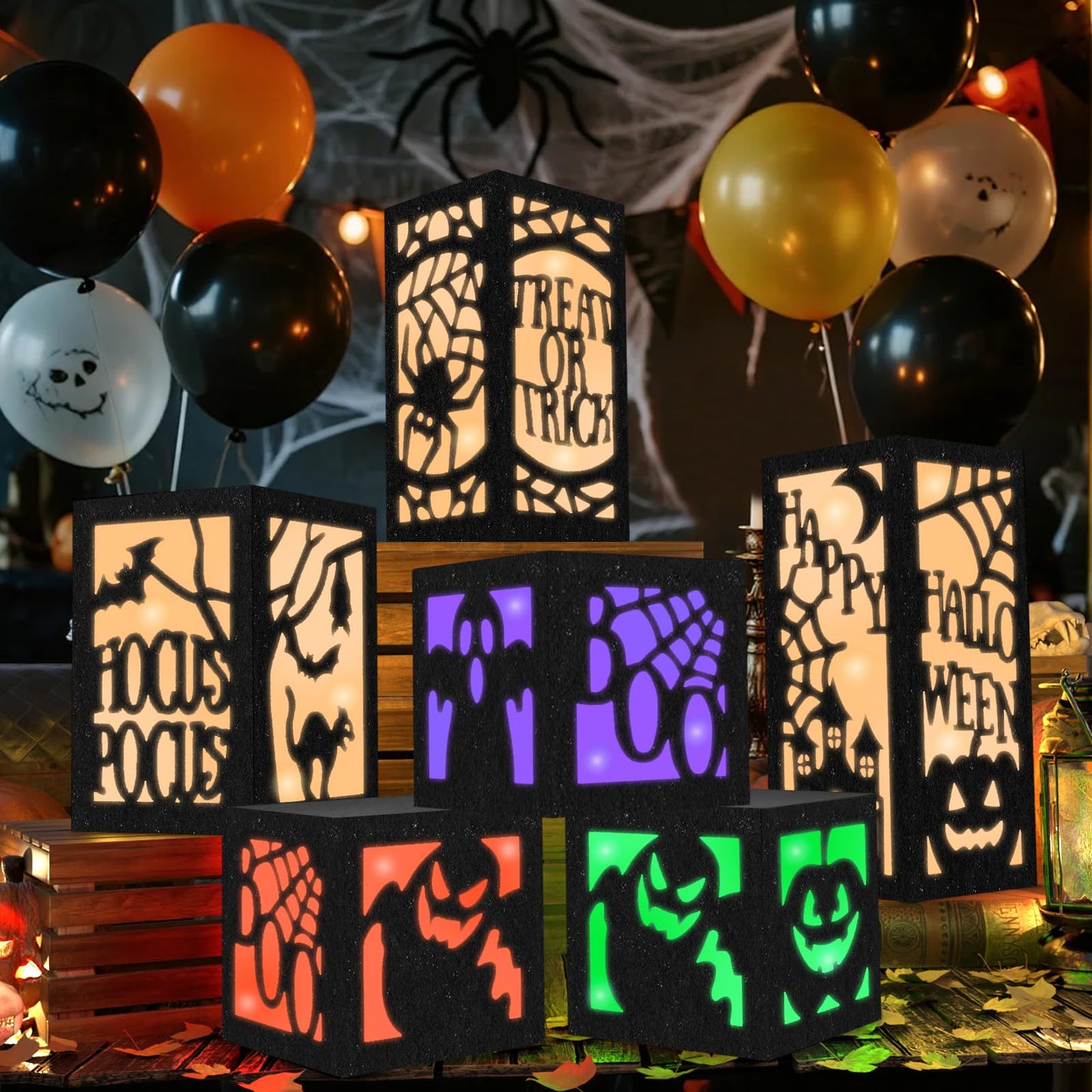 OuMuaMua 6 Pcs Halloween Table Decorations Indoor Halloween Table Centerpieces Boxes, Light up Paper Pumpkin Lanterns with Witch Spider Ghost Patterns for Spooky Party Supplies Home Decor