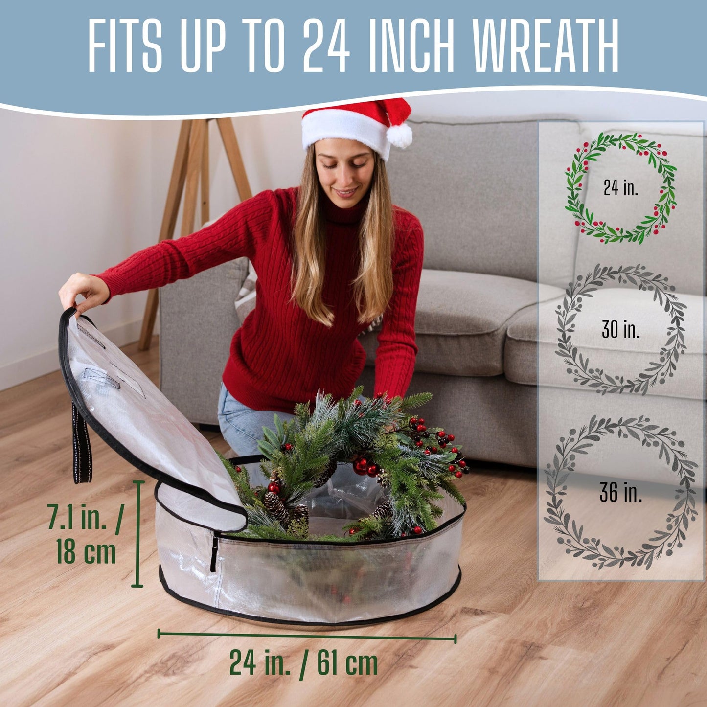 VENO 24 Inch Wreath Storage Container, 4 Pack Clear Round Christmas Wreath Storage Bag, Heavy Duty Clear Holder with Wall Hanging Handles