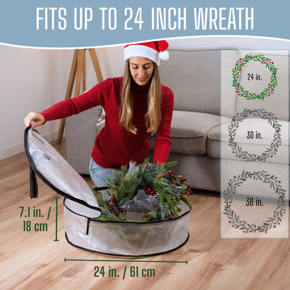 VENO 24 Inch Wreath Storage Container, 4 Pack Clear Round Christmas Wreath Storage Bag, Heavy Duty Clear Holder with Wall Hanging Handles