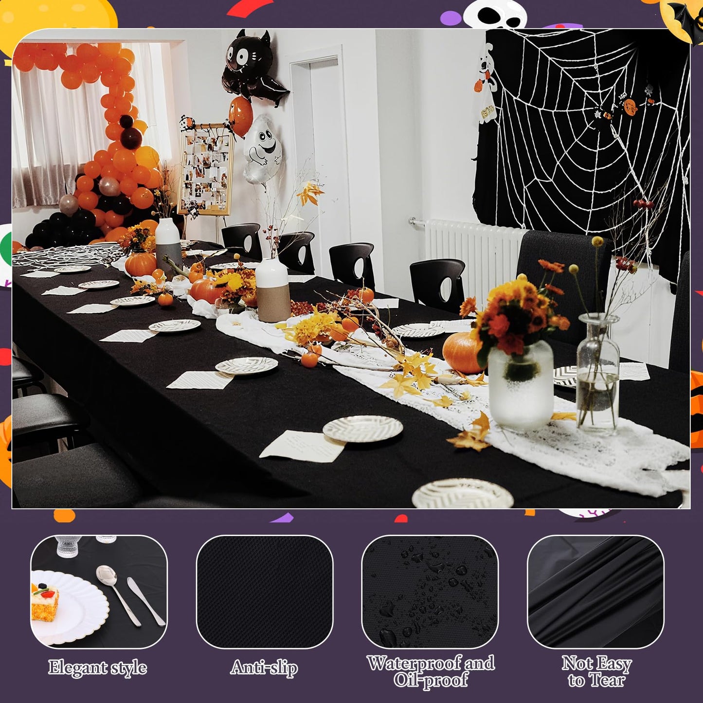 mwellewm 6 Pcs Black Plastic Tablecloth 54 x 72 Inch Disposable Table Cloths, Party Decorations Rectangle Plastic Cover Tablecloth for Graduation Picnic Home Decor Indoor or Outdoor Parties Birthday