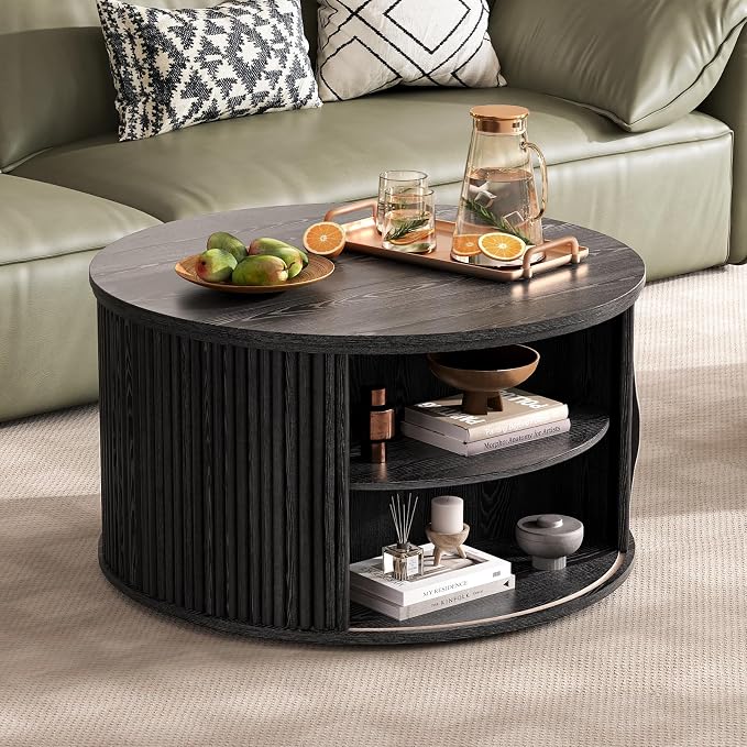 Round Lift Top Coffee Table, 31.5” Mid Century Modern Center Table with Hidden Storage, Fluted Circle Coffee Tables for Living Room, Home Office, Black