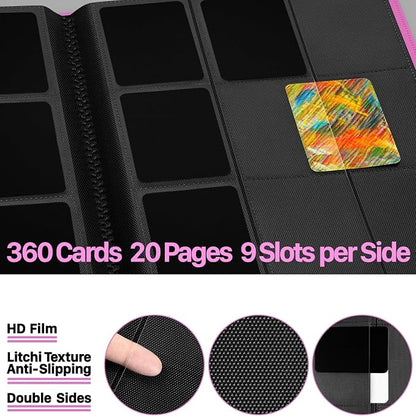 【2026】Trading Card Binder 9 Pocket, Premium Sports Collection Binder Game Cards Book with Sleeves Side Loading, Anti-open Strap Double Sided Waterproof 360 Card Folder