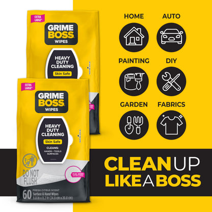 Grime Boss Heavy Duty Surface and Hand Wipes (2x60ct) | Remove Paint, Oil, Grease, Adhesives, Mud, Dirt | Workshop Replace Cleaners like Rags, Towels, Pumice, Soap