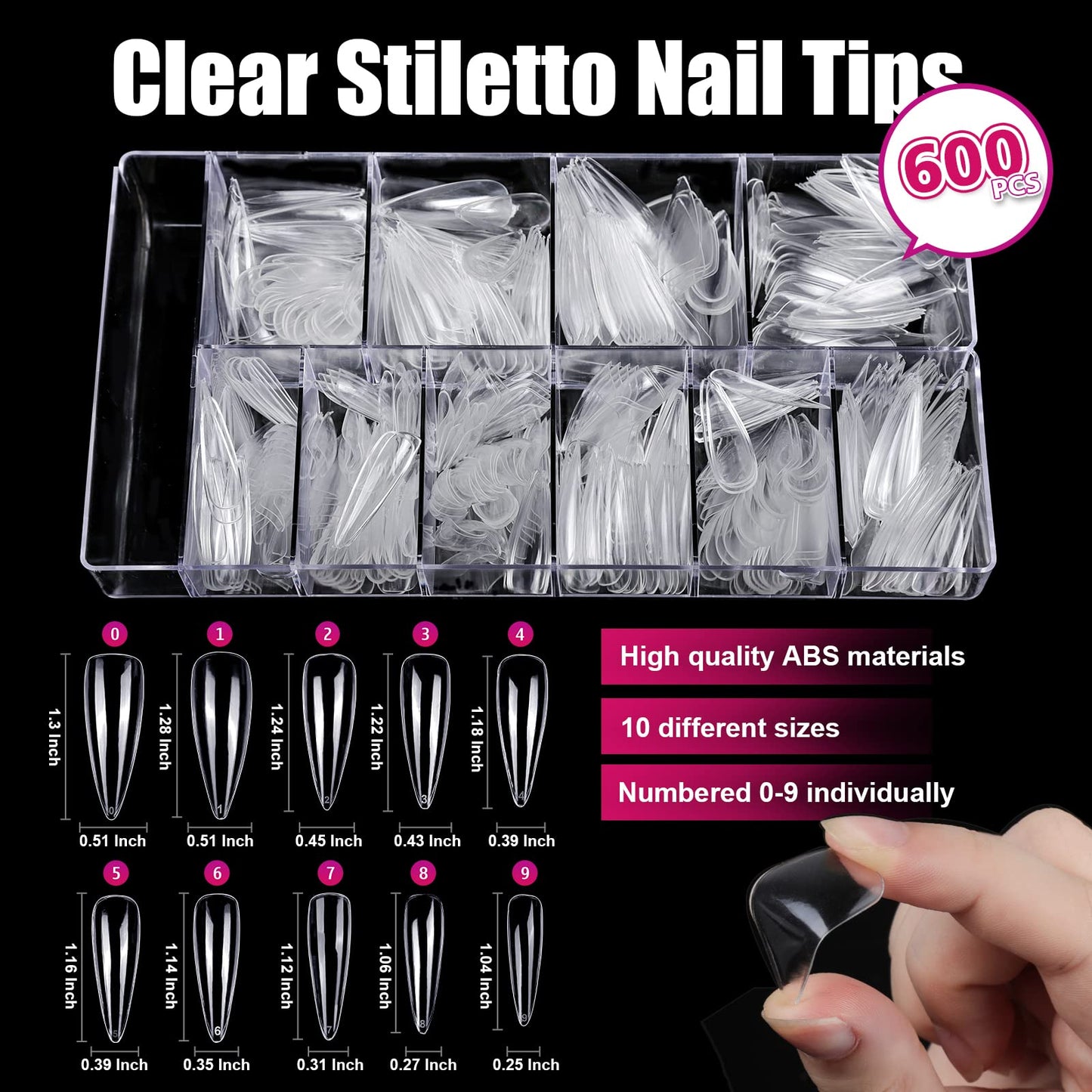 Teenitor Clear Coffin Nail Tips Set, Long Acrylic Nail Kit Full Cover Clear Press On Nails, 600 Pcs Fake Nails with Glue, Acrylic Nail Clipper Files and Buffer Polisher