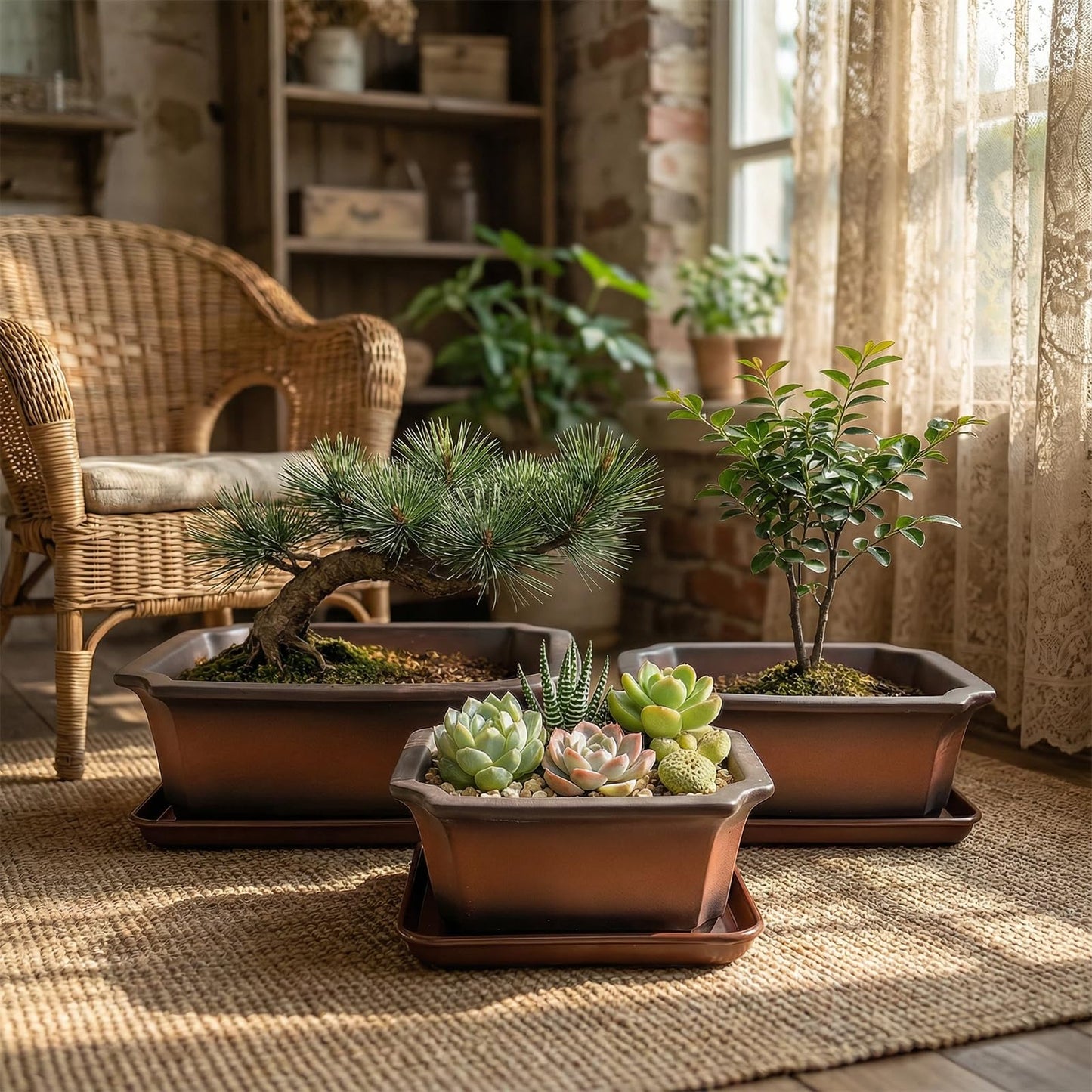 KyoYi Bonsai Pots with Drainage Tray - Set of 3-10/8/6 Inch Ceramic Rectangle Planters with Classic Retro Design - Indoor-Outdoor Plant Pots for Home & Office Table Top Decor, Gifts, Brown