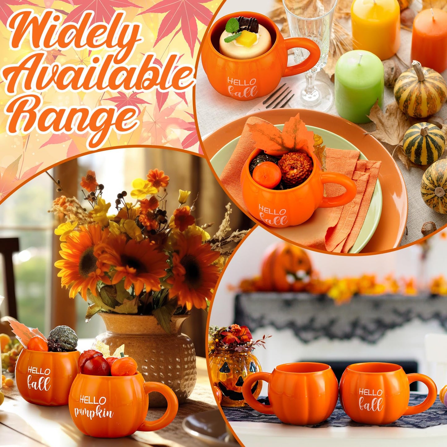 GlikCeil 2 Pcs Fall Pumpkin Mugs, Hello Fall Hello Pumpkin Coffee Cups for Tiered Tray 17 oz Thanksgiving Table Centerpieces Ceramic Mugs Drinking Cup for Autumn Harvest Wedding Birthday Gift