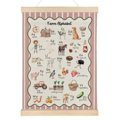 Qvapt Farm Alphabet Pink Wall Art Poster Hanger Frame, Farmhouse Animal ABC Educational Wall Art With Wooden Poster Hanger for Toddler Room Classroom Nursery Playroom Decorations, 12x16 Inch