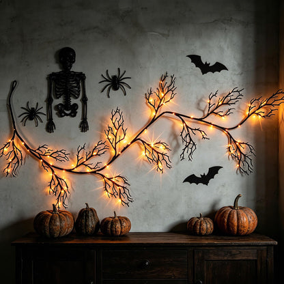 HipTree Halloween Lighted Black Vine Garland 6FT, 120LED Orange Purple Twig Lights, 8 Modes Battery Operated Timer, Waterproof Spooky Halloween Decor for Mantle Fireplace Party Indoor Outdoor