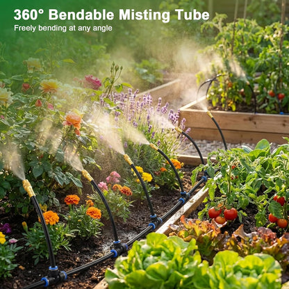 Drip Irrigation System with Brass Nozzles – 2026 Upgrade 100FT Garden Watering Kit with 20Pcs 360° Adjustable Misting Sprinklers Quick Connect Fittings for Raised Beds, Lawn, Patio