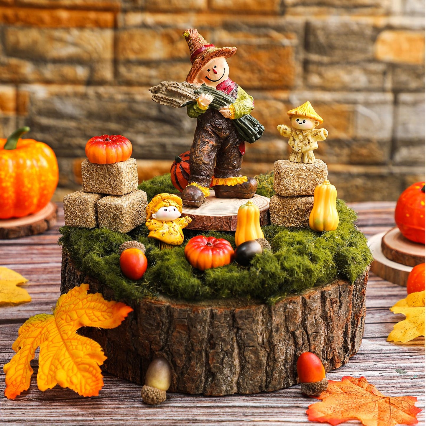 Arrowbash Fall Village Accessories Mini Hay Bales Set Fall Miniature Figurines with Acorns Pumpkins Scarecrow Simulation Farm for Dollhouse Farmhouse Autumn Harvest Thanksgiving Tabletop Decor