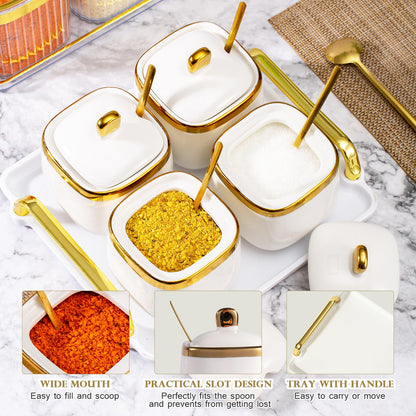 EABOSON 4 Pack Gold Condiment Spice Jars with Lids, Spoons, Tray - Ceramic Seasoning Box Set for Salt, Pepper, Sugar - Kitchen Storage
