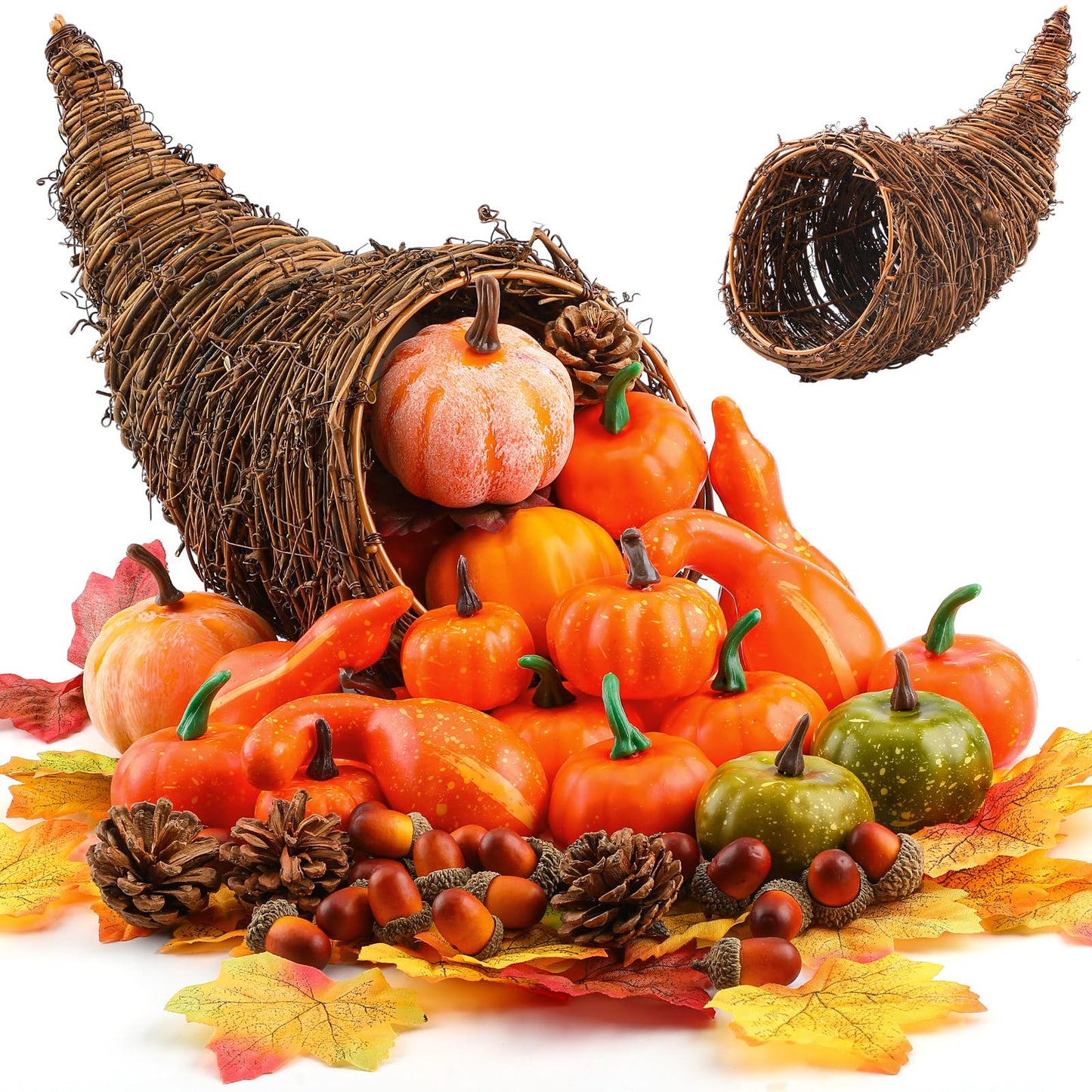 Thanksgiving Cornucopia Basket Set Fall Table Centerpieces 13.78'' Thanksgiving Large Cornucopia Horn of Plenty Harvest Decorations with 100 Pcs Artificial Leave Acorn Pumpkin for Table Home(Rustic)