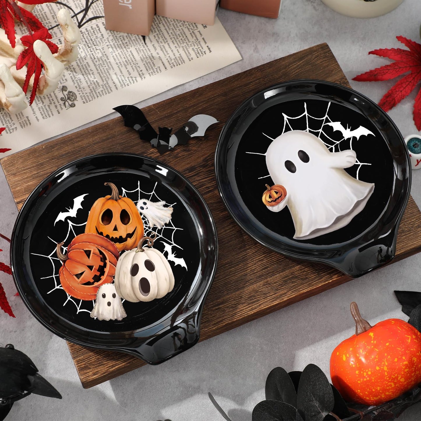 JarThenaAMCS 2Pcs 4.7inch Halloween Spoon Rest Black White Orange Ghost Pumpkin Small Coffee Spoon Holder for Halloween Bar Coffee Station Accessories
