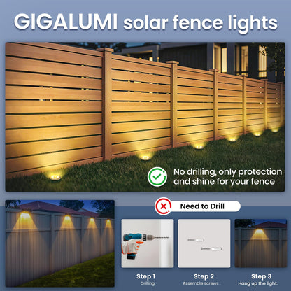 GIGALUMI Solar In-Ground Fence Lights - No-Drill Fence Lighting Solution, Waterproof Perimeter Lights Compatible with Wood, Metal & Concrete Fences (12 Pack Warm White)