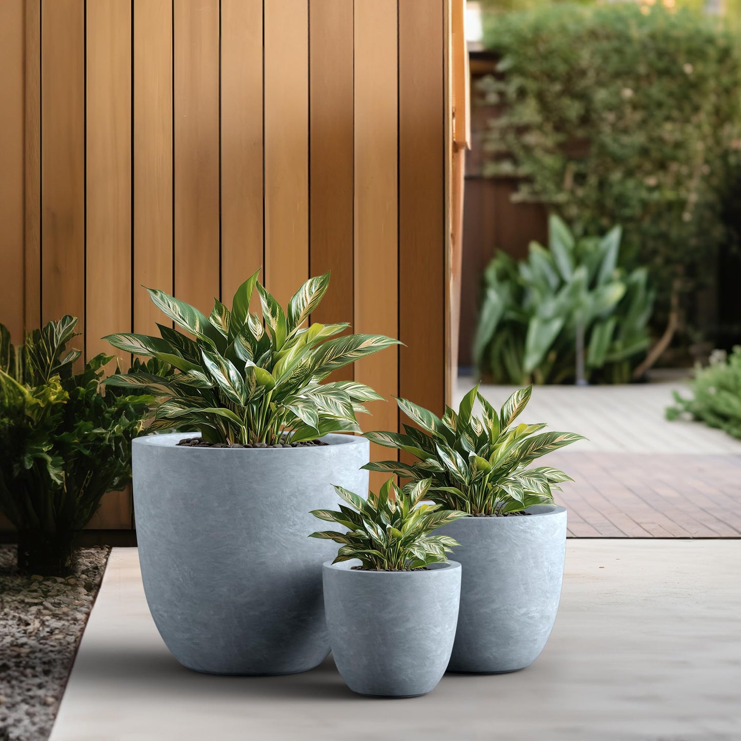 Kante Round Concrete Planter Set of 3, Large Outdoor Indoor Plant Pots with Drainage Hole, 10/14/18-Inch Diameter Flower Pots for Patio, Garden and Home, Slate Gray
