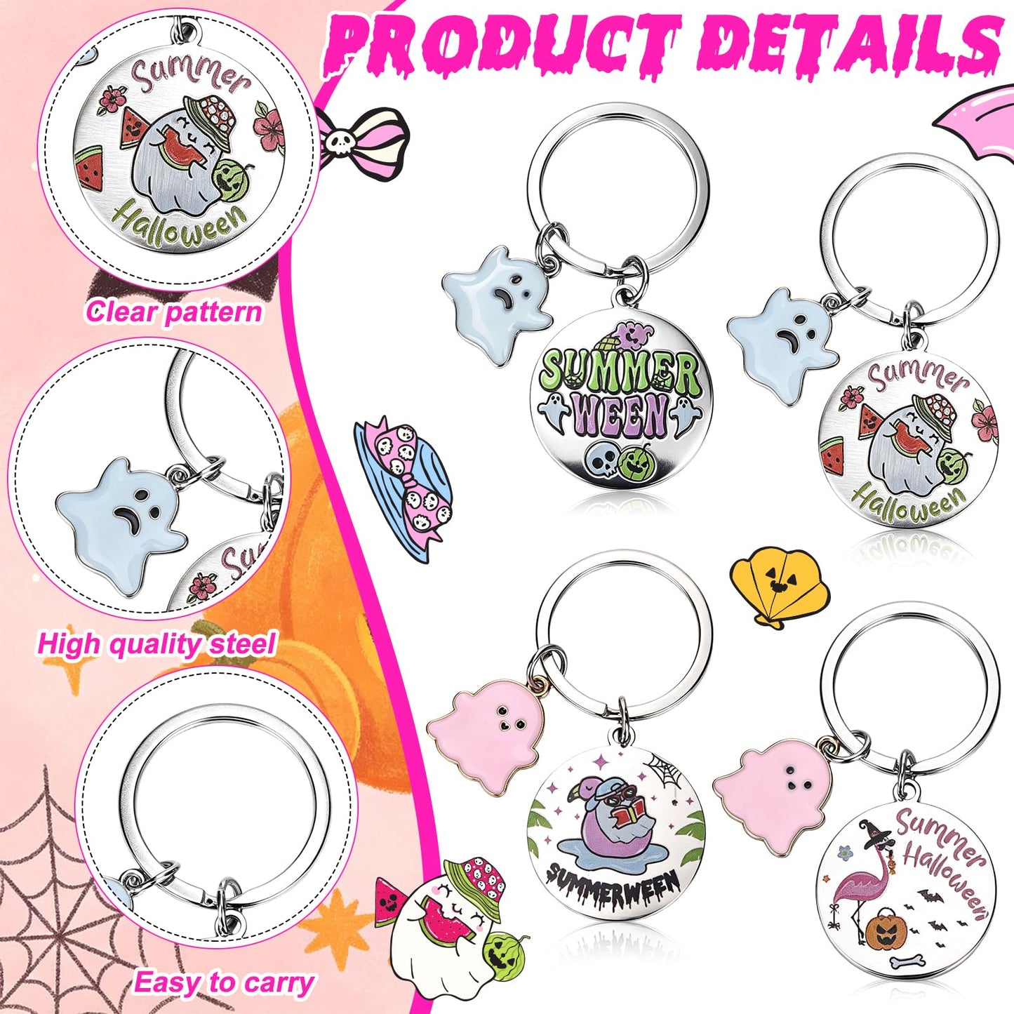 12 Sets Summerween Party Decor Gifts Summerween Ghost Keychain with Cards Organza Bags Summer Halloween Theme Party Favor Keyring for Guests Coworkers Tropical Beach Pool Hawaiian Spooky Party Supply