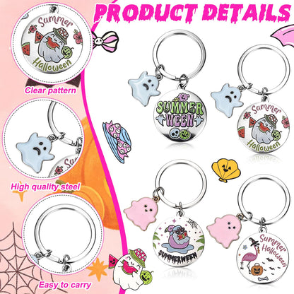 12 Sets Summerween Party Decor Gifts Summerween Ghost Keychain with Cards Organza Bags Summer Halloween Theme Party Favor Keyring for Guests Coworkers Tropical Beach Pool Hawaiian Spooky Party Supply