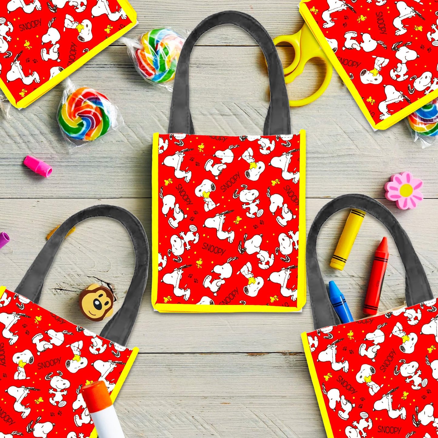 Snoopy Party Favor Bag Set - Bundle with 8 Peanuts Reusable Totes, Stickers and Tattoos | Snoopy Birthday Party Supplies for Kids, Boys, Girls