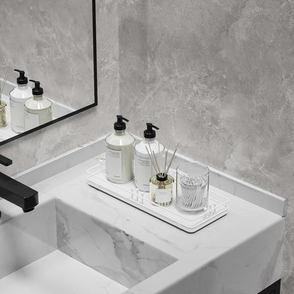 Pursura Bathroom Vanity Tray for Countertop Toiletries Perfume Makeup Soap Dispenser Toilet Tank, Kitchen Tray for Salt Spice, Decor Tray for Candle Nightstand Coffee 11.3”x 4.4” White