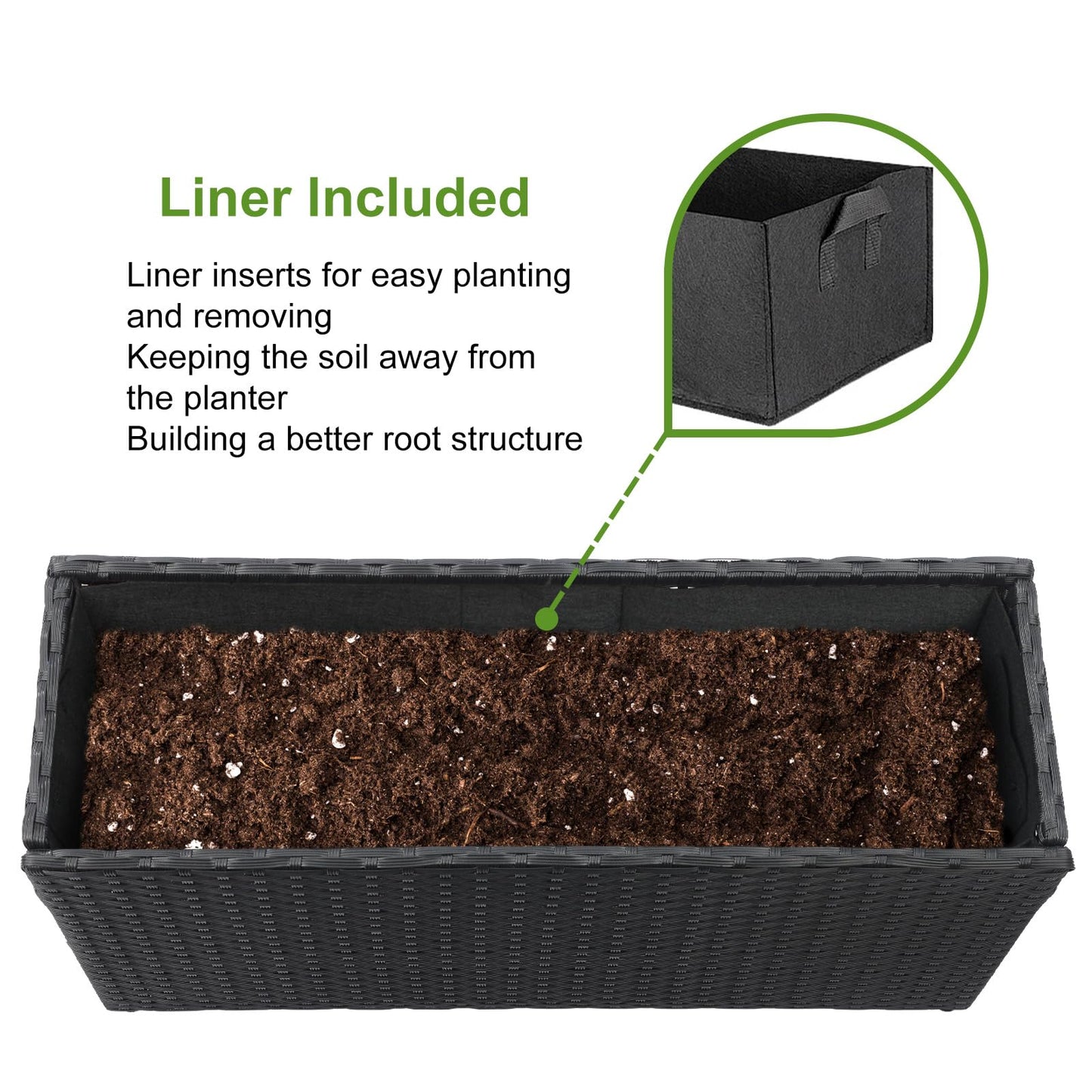 LEWIS&WAYNE Large Rectangular Block Planter Box Handmade Wicker Tall Planters for Outdoor Plants with Removable Liners Modern Planter for Indoor Outdoor Patio Deck - Black, 30''x12''x16''