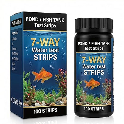 7-in-1 Pond & Fish Tank Test Strips - 100 Count | Fast 30s Water Test Kit for Carbonate, pH, Hardness, Chlorine, Nitrate, Nitrite | Freshwater & Saltwater Aquariums