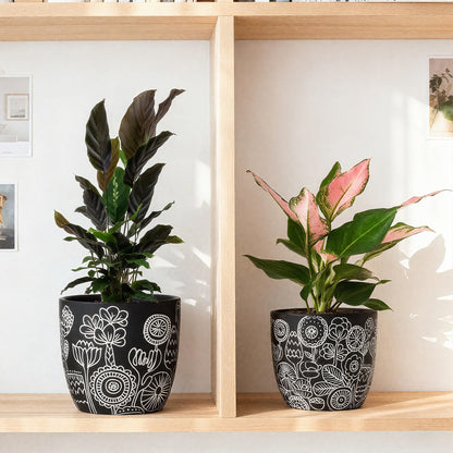 FUYHE Terracotta Pots, 6.5+5+4.4 Inch Plant Pots with Drainage Hole- Floral Pattern, Black Boho Ceramic Planters for Indoor Plants, Flower Pots Indoor Succulents, Herbs Plants,Set of 3