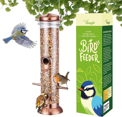 Bird Feeders for Outdoors,13 Inch 6 Ports Squirrel Proof Bird Feefers,Finch Feeder for Outside,Chew-Proof Metal Hanging Bird Feeder,Rust-Proof,Easy to Refill & Clean,Copper,Pack of 1